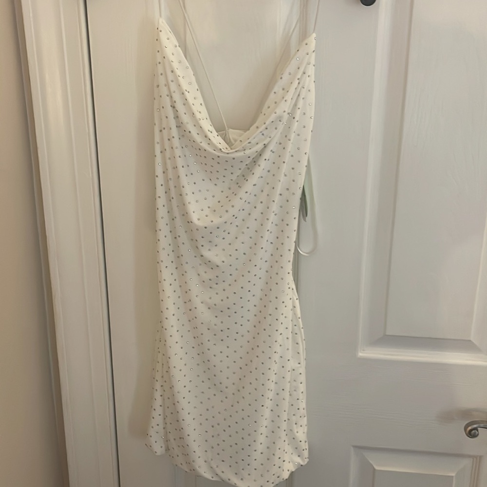 White Rhinestone Mini Cowl Neck Slip Dress